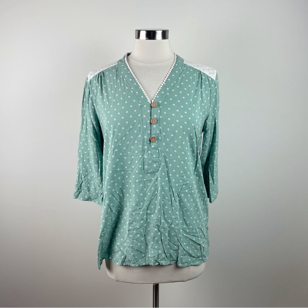 Matilda Jane Green White Polka Dot Lace Floral Crochet Blouse Top Women Large